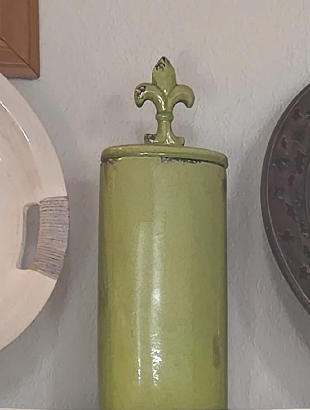 Vintage French Chartreuse Ceramic Decorative Canister with Fleur-de-Lis Lid